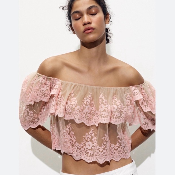 Zara Tops - Zara Pink Lace Off-Shoulder Embroidered Crop Top